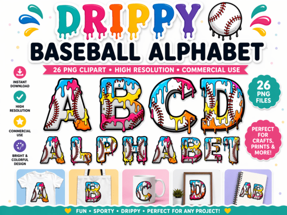 Download Colorful Drippy Baseball Alphabet a-Z - Color Collection
