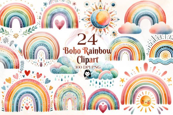 Download Watercolor Boho Rainbow Clipart Bundle - Color Collection
