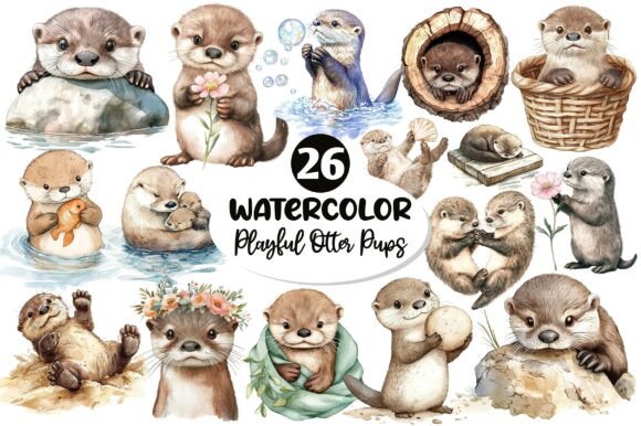 Download Watercolor Playful Otter Pups Clipart - Color Collection