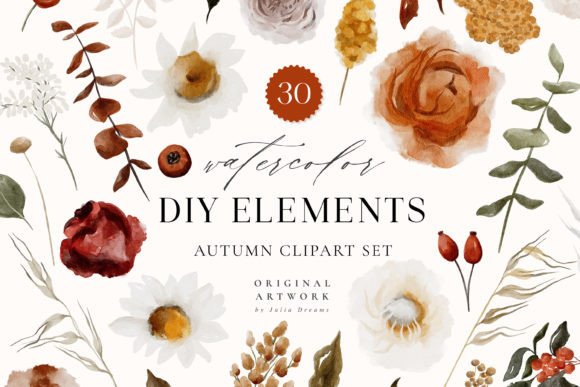 Download Autumn Watercolor Flower Digital Clipart - Color Collection