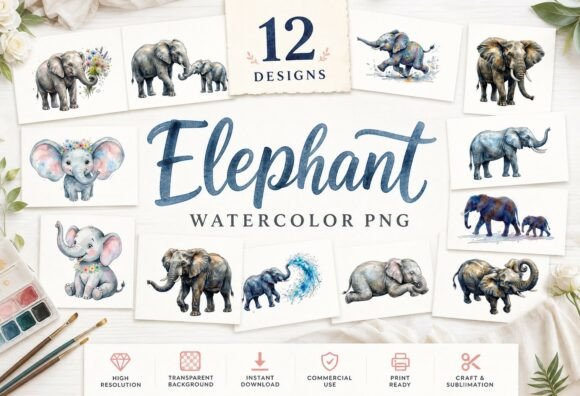Download Watercolor Elephant PNG Set Cute Clipart - Color Collection